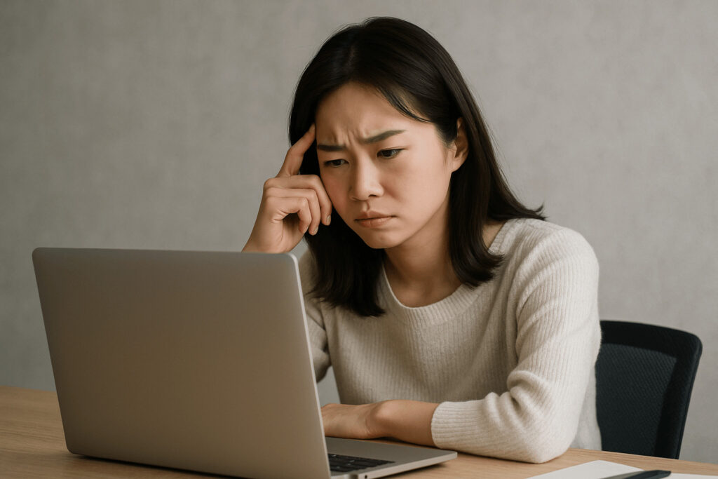 PCを見ながら悩む女性の画像