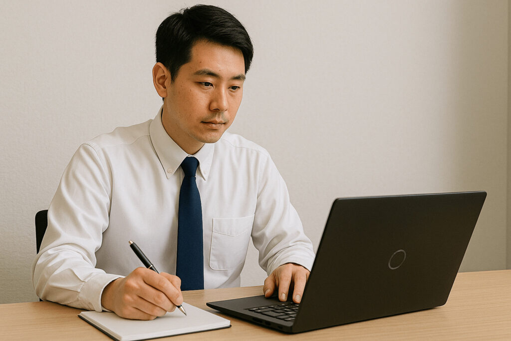 PCを見ながら議事録を作っている男性