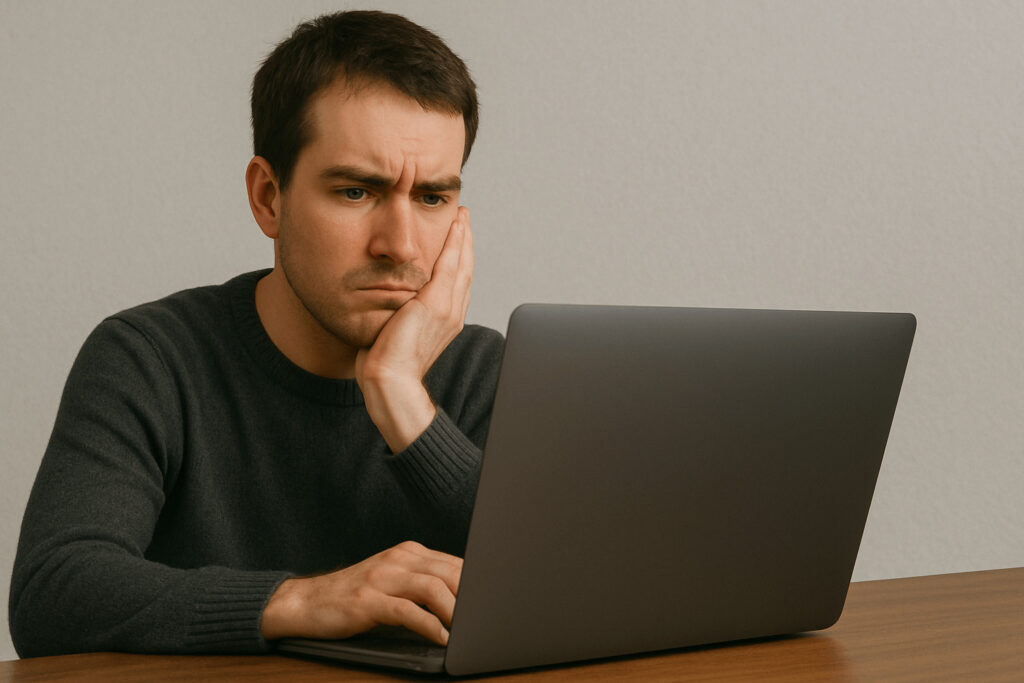 PC画面を見ながら悩んでいる男性の画像