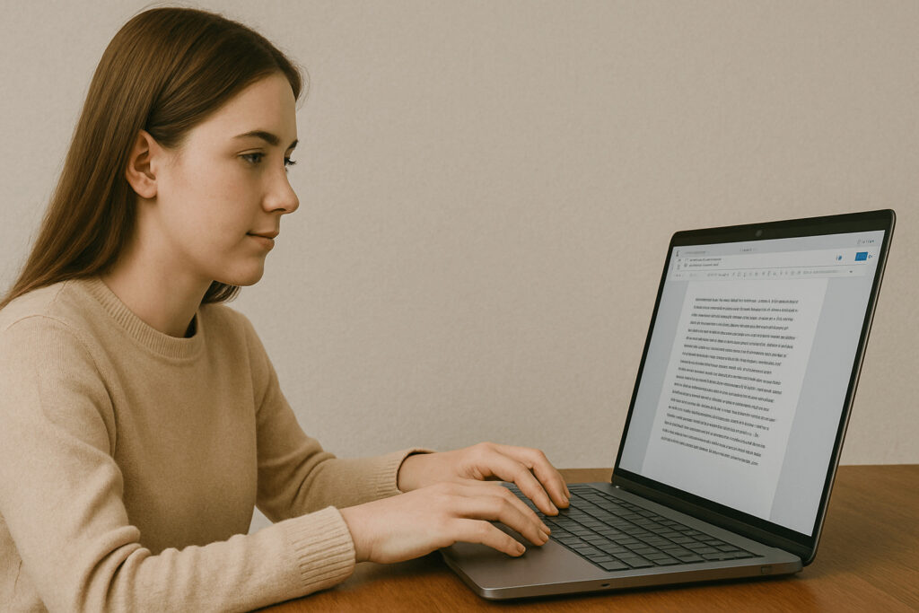 パソコンのドキュメントに文字を入力する女性の画像