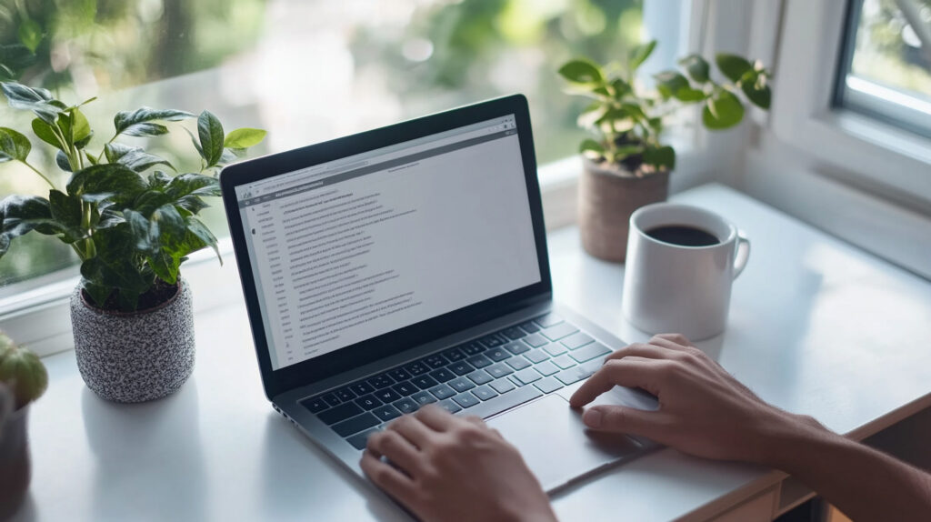 AI副業のWebライターがノートパソコンで記事を執筆している作業風景