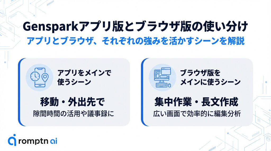 Gensparkアプリ版とブラウザ版の使い分け図解。アプリ版は「移動・外出先」での隙間時間活用や議事録に、ブラウザ版は「集中作業・長文作成」など広い画面での編集分析に適していると解説