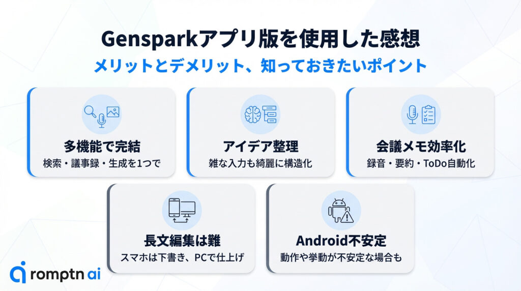Gensparkアプリ版を使用した感想のメリット・デメリットまとめ図解。メリットとして「多機能で完結」「アイデア整理」「会議メモ効率化」、デメリットとして「長文編集は難」「Android版の動作不安定」が挙げられている