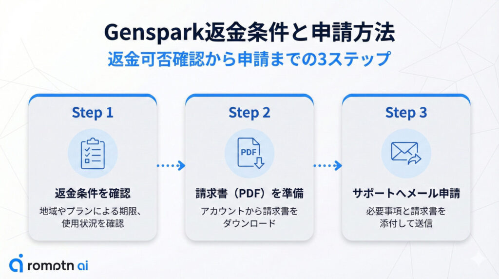 Genspark返金条件と申請方法の3ステップ解説図。Step 1:返金条件の確認、Step 2:請求書(PDF)の準備、Step 3:サポートへのメール申請という流れを示すフローチャート