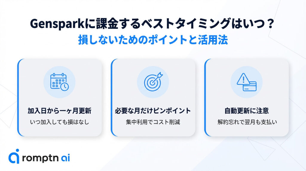 Gensparkに課金するベストタイミングと損しないポイント:加入日から1ヶ月更新・必要な月だけ利用・自動更新に注意