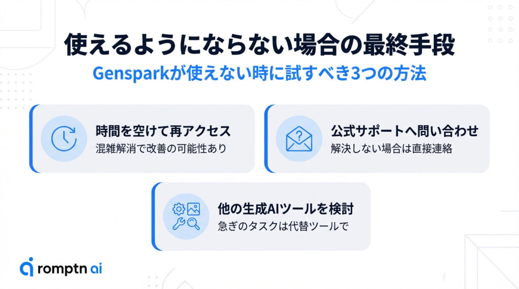 Gensparkが使えるようにならない場合の最終手段。時間を空けて再アクセス、公式サポートへ問い合わせ、他の生成AIツールを検討の3つの方法を解説するインフォグラフィック