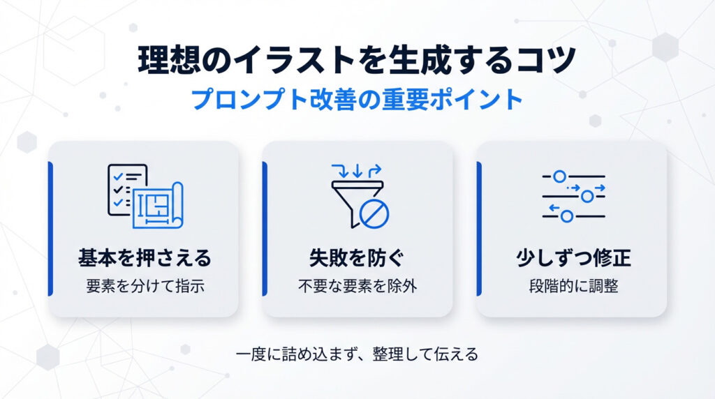 AIイラスト生成のためのプロンプト改善3つの重要ポイント。基本を押さえる（要素を分けて指示）、失敗を防ぐ（不要な要素を排除）、少しずつ修正（段階的調整）。