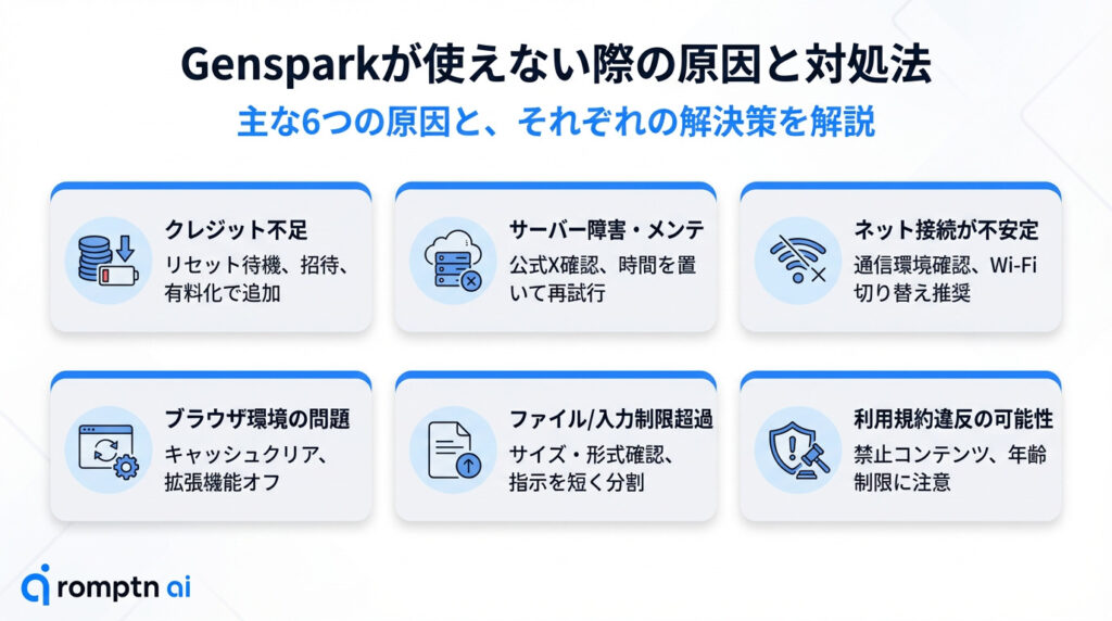 Gensparkが使えない際の原因と対処法。主な6つの原因（クレジット不足、サーバー障害、ネット接続、ブラウザ環境、ファイル制限、規約違反）とそれぞれの解決策を解説するインフォグラフィック