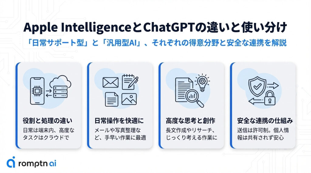 Apple IntelligenceとChatGPTの違いと使い分けに関する要約画像