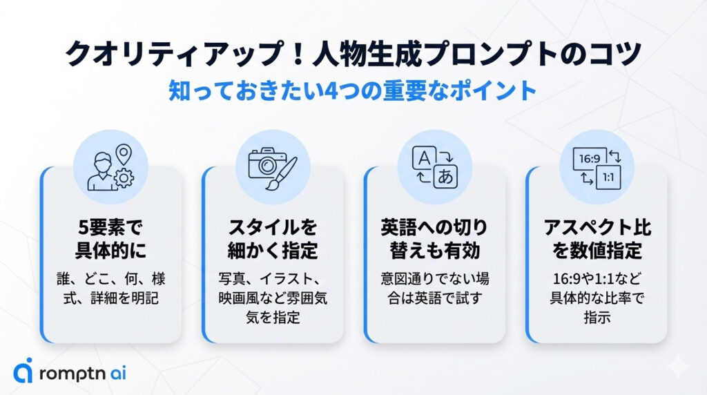 Geminiでの人物画像生成における
プロンプトのコツをまとめた要約画像