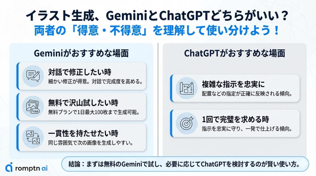 イラスト生成においてGeminiとChatGPTのどちらがいいのかを場面別に分けて解説した要約画像