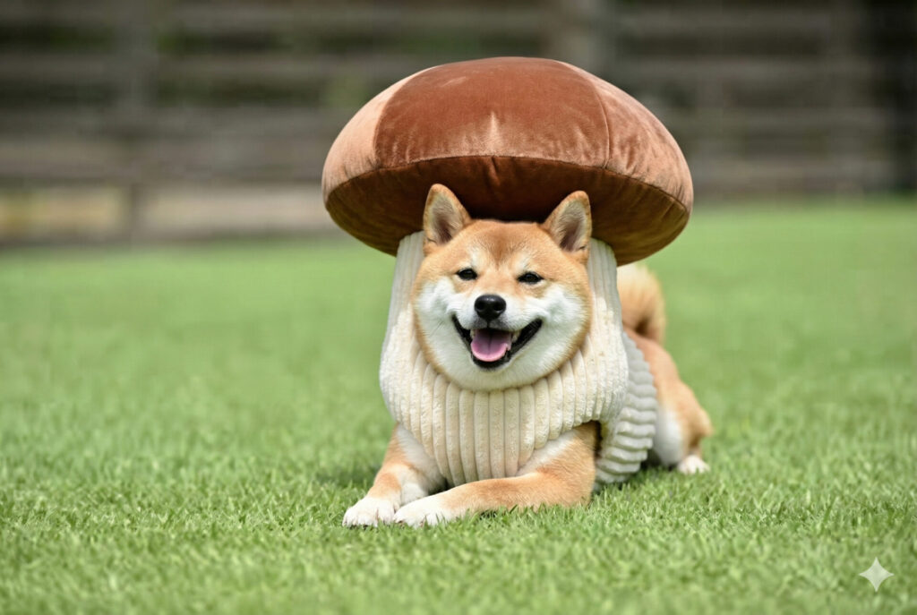 なめこの着ぐるみを着ている犬の画像