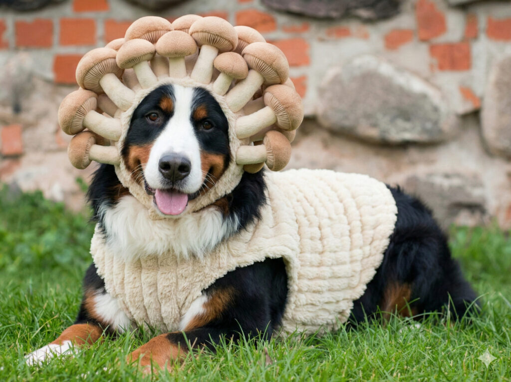 しめじの着ぐるみを着ている犬の画像