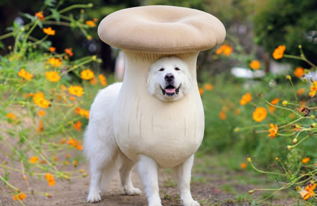 エリンギの着ぐるみを着ている犬の画像