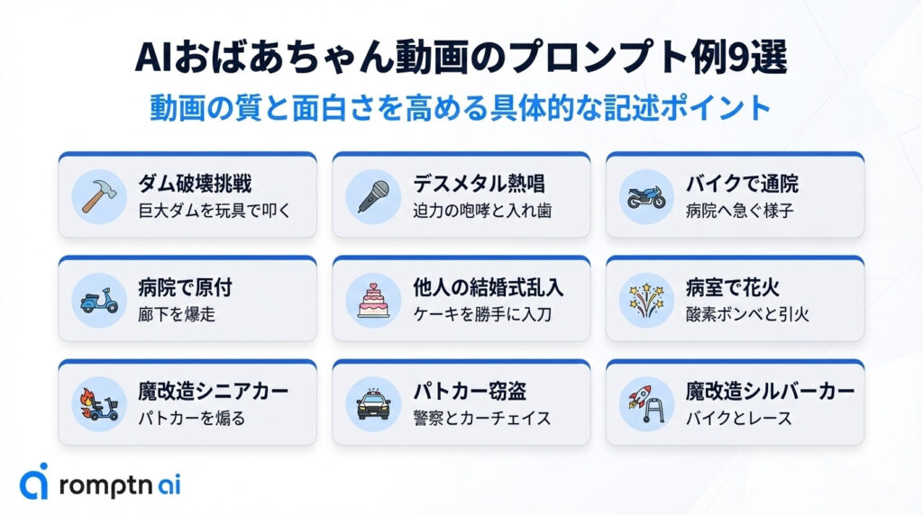 AIおばあちゃん動画のプロンプト例9選の要約画像