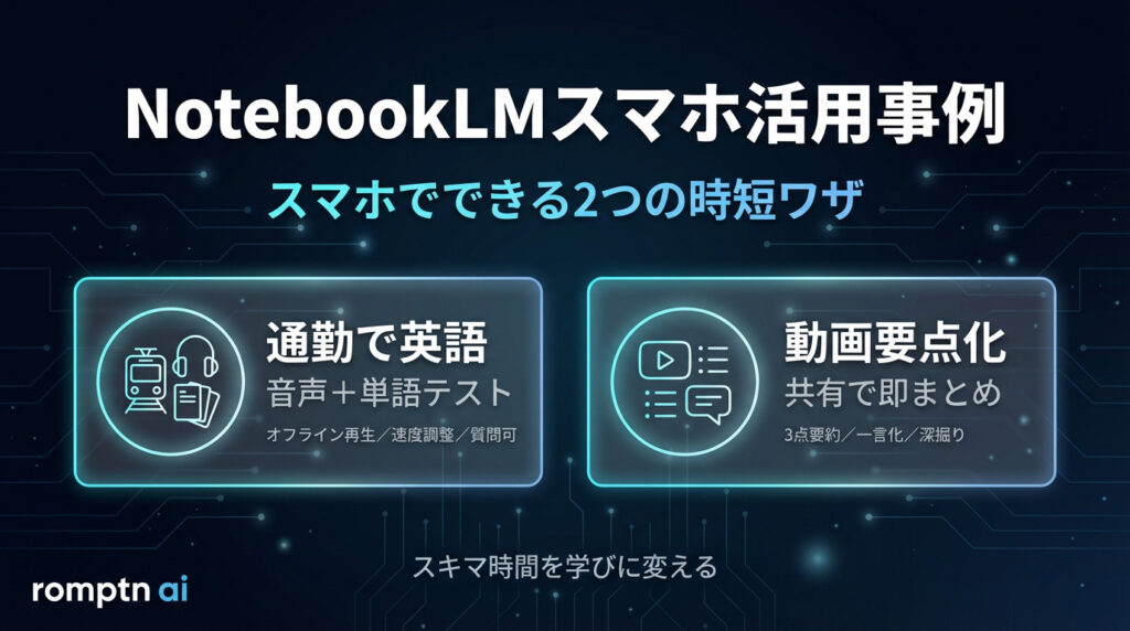 NotebookLMスマホアプリの活用事例をまとめた16:9のダークモード風バナー。上部に「NotebookLMスマホ活用事例」、下に「スマホでできる2つの時短ワザ」。中央に半透明の発光カードが2枚並び、左は「通勤で英語(音声+単語テスト/オフライン再生・速度調整・質問可)」、右は「動画要点化(共有で即まとめ/3点要約・一言化・深掘り)」を線画アイコン付きで表示。下部に「スキマ時間を学びに変える」、左下に「romptn ai」ロゴ。