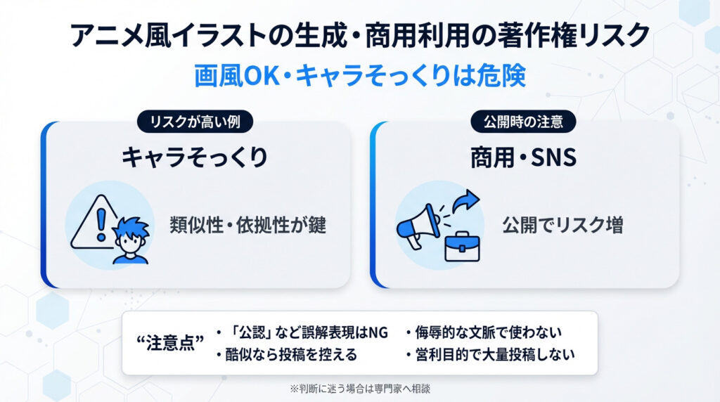 AIによるアニメ風イラスト生成・商用利用時の著作権リスクと注意点。キャラそっくりは危険、類似性や依拠性が鍵。商用・SNS公開時のリスクも解説。