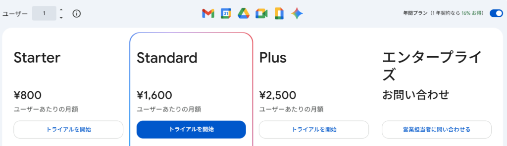 Google Workspaceのプランごとの料金表