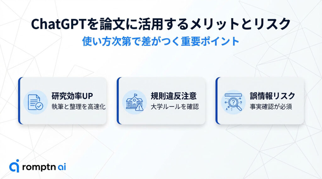 ChatGPTを論文に活用する際の3つの重要ポイント。執筆と整理を高速化する「研究効率UP」、大学独自のルール遵守を促す「規則違反注意」、情報の正確性を担保するための事実確認を求める「誤情報リスク」の解説図解。