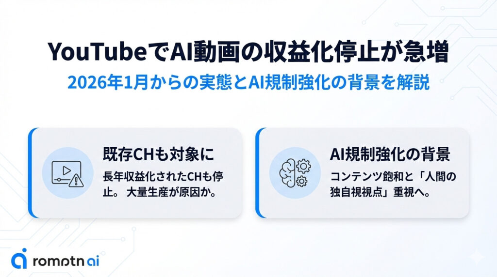 YouTubeでAI動画の収益化停止が急増していることの解説画像