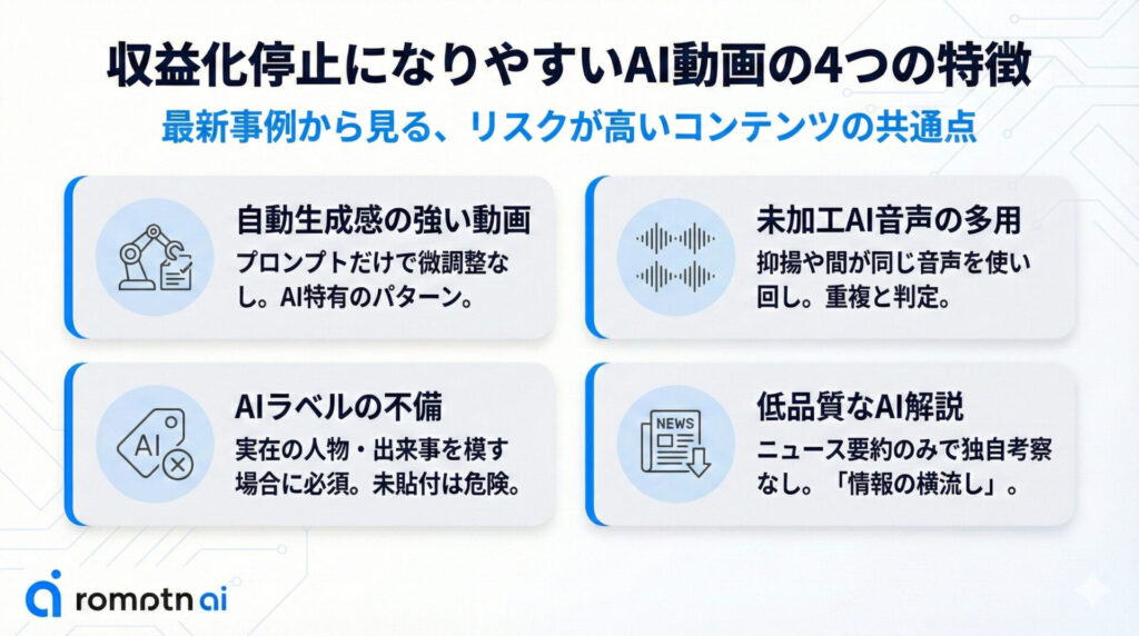 収益化停止になりやすいAI動画の4つの特徴の要約画像