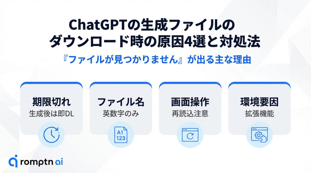 ChatGPTで生成したファイルがダウンロードできない4つの原因と対処法。ダウンロード期限切れ、ファイル名の英数字指定、画面の再読込、ブラウザ拡張機能などの環境要因についての解説。