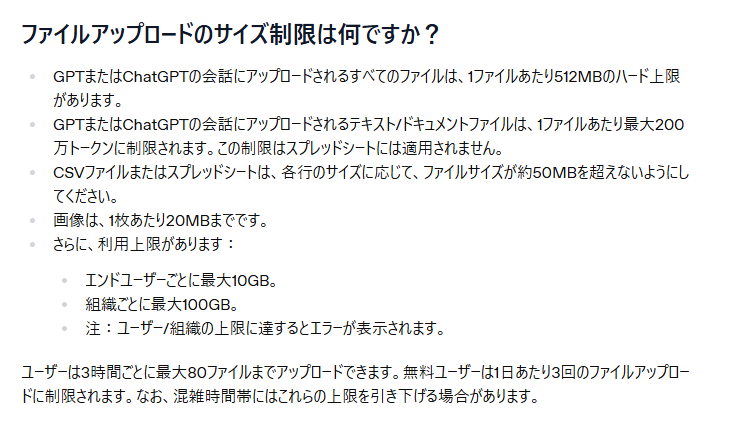 ファイルアップロード制限の説明。OpenAI公式ページより。