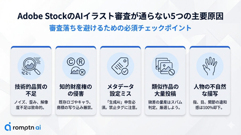 Adobe StockのAIイラスト審査が通らない5つの主要原因の要約画像