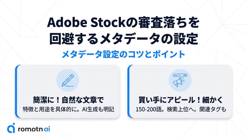Adobe Stockの審査落ちを回避するメタデータの設定の要約画像