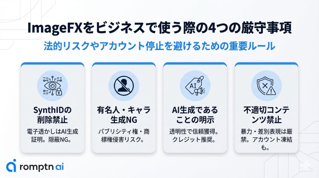 ImageFXをビジネスで使う際の4つの厳守事項の要約画像