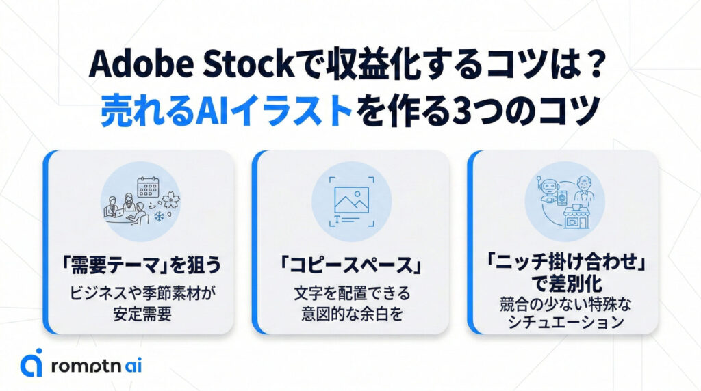 Adobe Stockで収益化するコツの要約画像