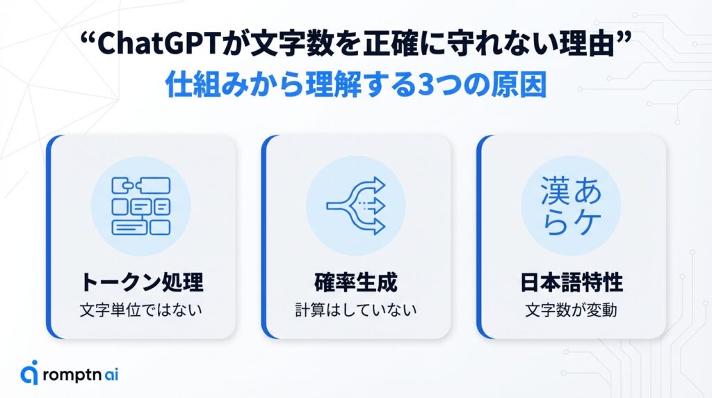 ChatGPTの文字数ズレを前提に文章を整える3ステップ。出力後に文字数を数える「カウント」、数字で増減を命じる「追指示」、提出前に外部ツールで「最終確認」を行う流れの紹介。