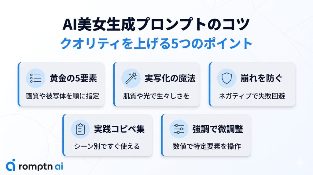 AI美女を生成するプロンプトのコツの要約画像