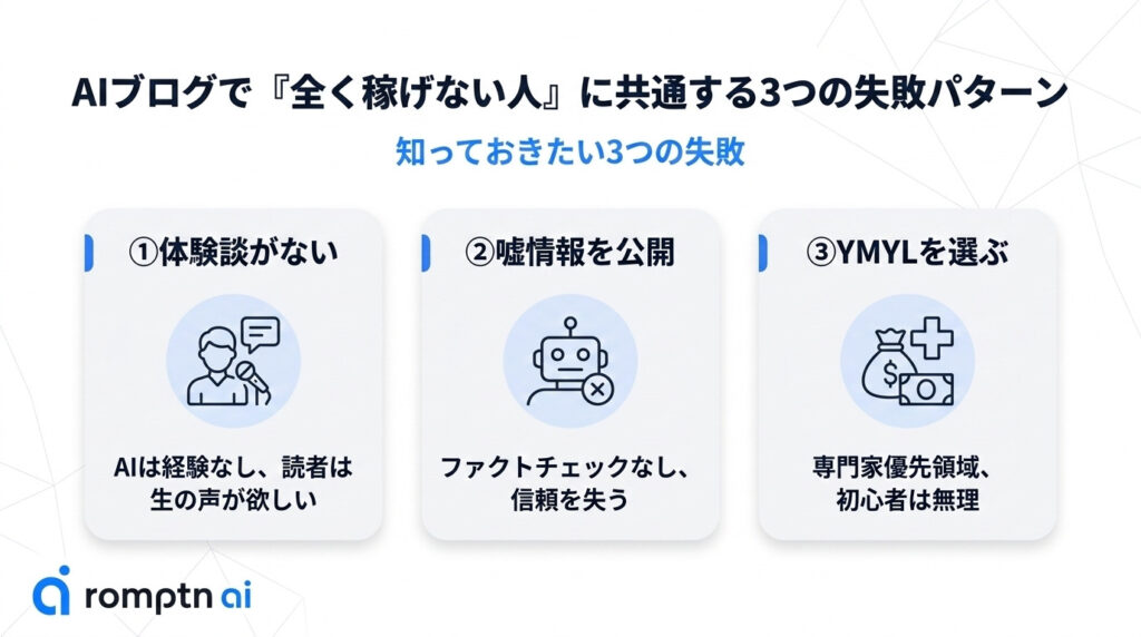 AIブログで「全く稼げない人」に共通する3つの失敗パターンの要約画像