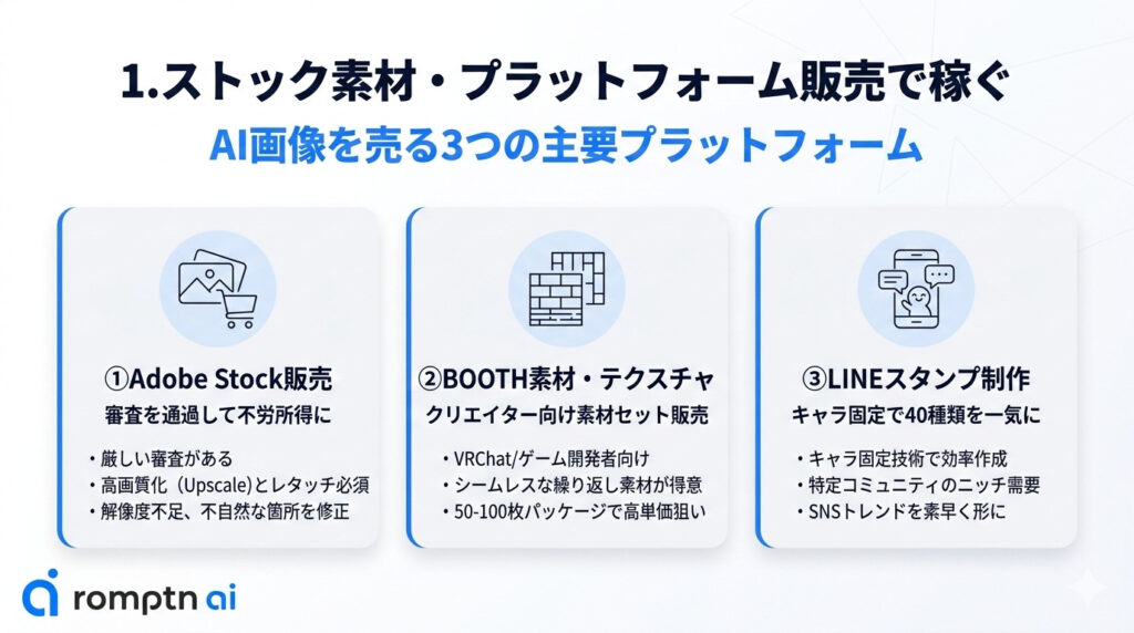 ストック素材・プラットフォーム販売で稼ぐ方法の要約画像