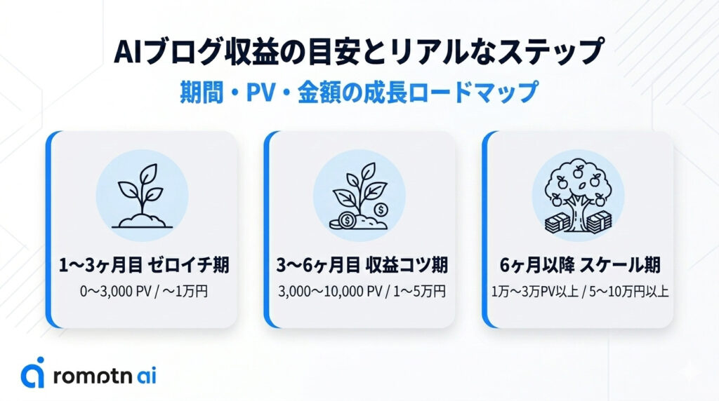 AIブログの収益の目安はどれくらい？期間・PV・金額のリアルなステップの要約画像