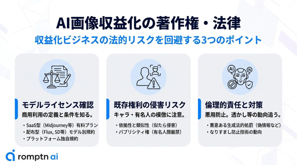AI画像収益化における３つの「著作権と法律」問題の要約画像