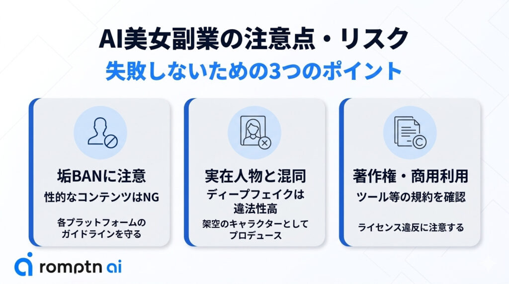 AI美女副業で失敗しないための注意点・リスクの要約画像