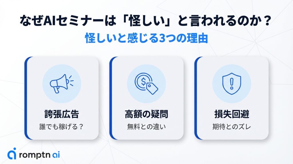 AIセミナーが怪しいと感じられる3つの主な理由。誰でも稼げると謳う「誇張広告」、無料講座との差が見えにくい「高額への疑問」、期待と内容のズレを恐れる「損失回避」の心理を整理した図解。