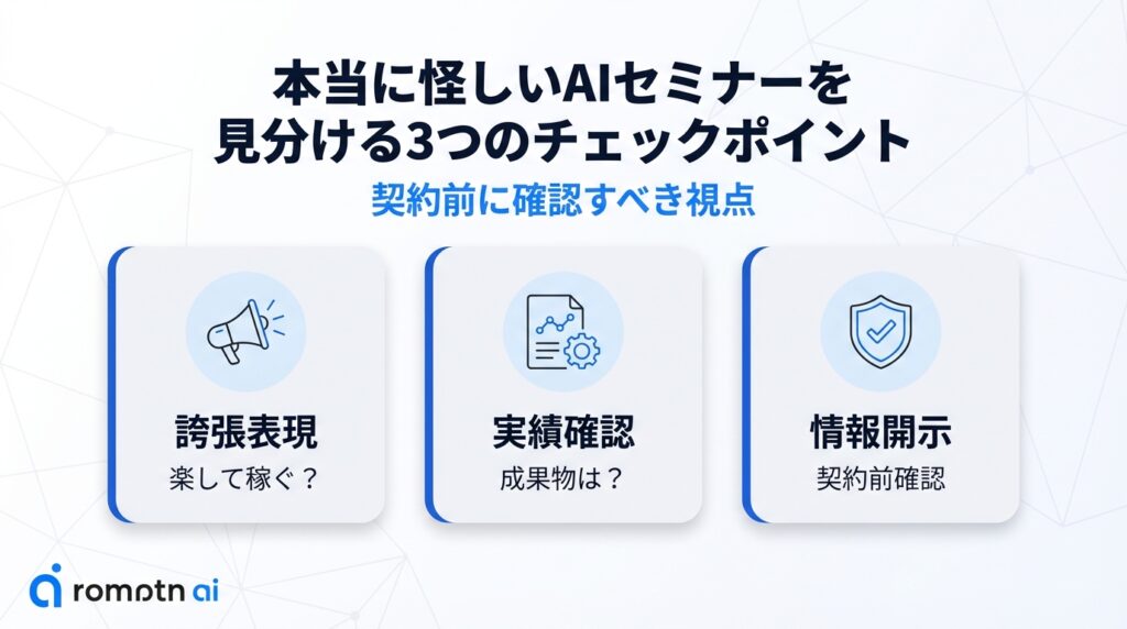 契約前に確認すべき、怪しいAIセミナーを見極める3つのポイント。「楽して稼げる」などの誇張表現の有無、具体的な成果物や実績の確認、契約前の情報開示が適切かどうかのチェックリスト。