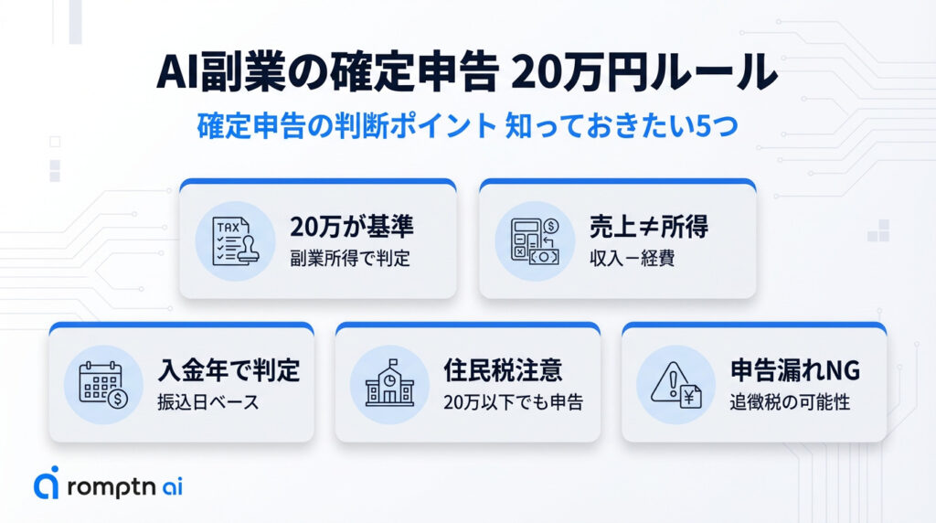 AI副業での確定申告が必要か判断する5つのポイント。副業所得20万円の基準、売上から経費を引く所得の計算、振込日ベースの入金年判定、住民税申告の必要性、申告漏れによる追徴税リスクの解説。