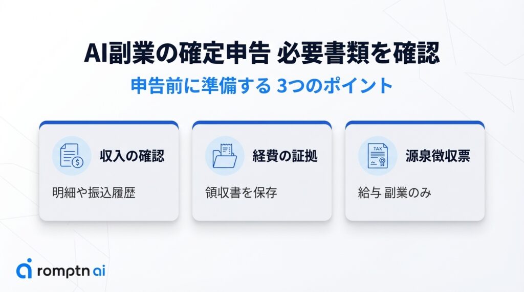 AI副業の確定申告に向けた3つの準備ポイント。明細や振込履歴による「収入の確認」、領収書を保存しておく「経費の証拠」、給与所得がある場合に用意する「源泉徴収票」など、申告前に揃えるべき必要書類の解説図解。