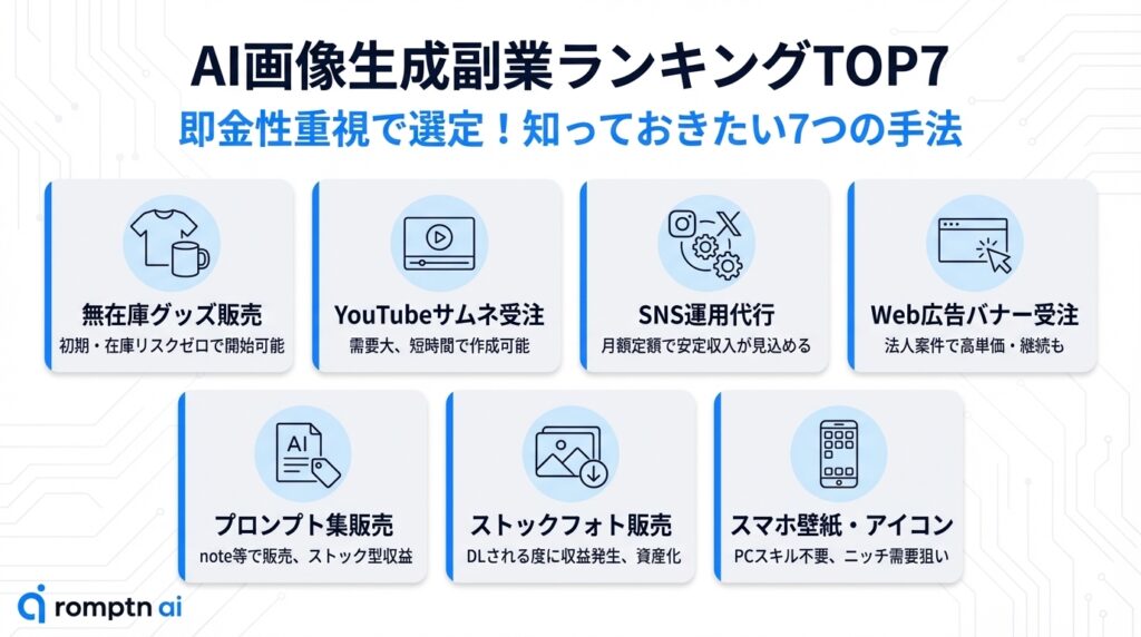 AI画像生成副業ランキングTOP7の比較図。無在庫グッズ販売、YouTubeサムネ受注、SNS運用代行、Web広告バナー受注、プロンプト集販売、ストックフォト販売、スマホ壁紙・アイコンの7つの手法を即金性重視で紹介。