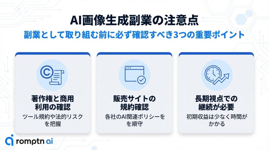 AI画像生成副業の注意点。副業開始前に確認すべき3つの重要ポイントとして、著作権と商用利用の確認(ツール規約や法的リスク)、販売サイトの規約確認(各社のAIポリシー)、長期視点での継続が必要(初期収益は少ない)を解説。