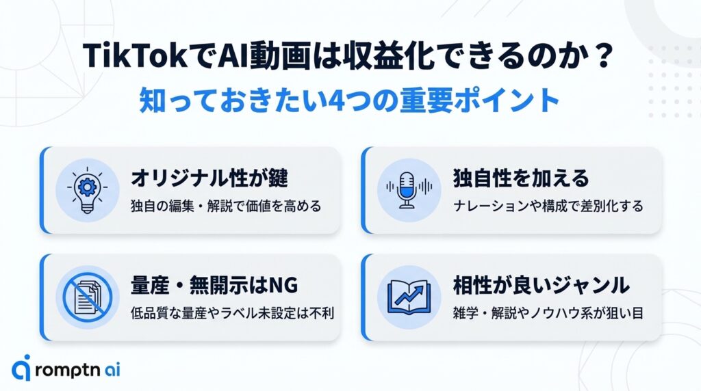 AI動画のTikTok収益化に関する4つの重要ポイント。オリジナル性と独自性の重要さ、低品質な量産や無開示のNG例、雑学・解説系などの相性が良いジャンルを紹介。