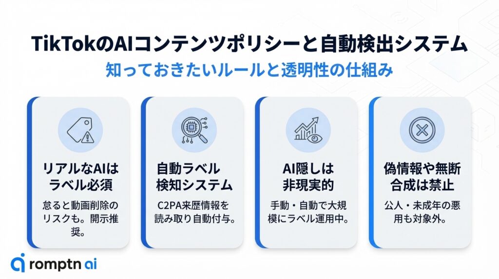 AI動画のTikTok収益化に関する4つの重要ポイント。オリジナル性と独自性の重要さ、低品質な量産や無開示のNG例、雑学・解説系などの相性が良いジャンルを紹介。