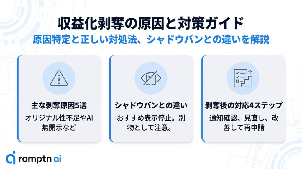 TikTok収益化剥奪の原因と対策。オリジナル性不足などの原因5選、シャドウバンとの違い、通知確認から再申請までの対応4ステップを説明した図解。