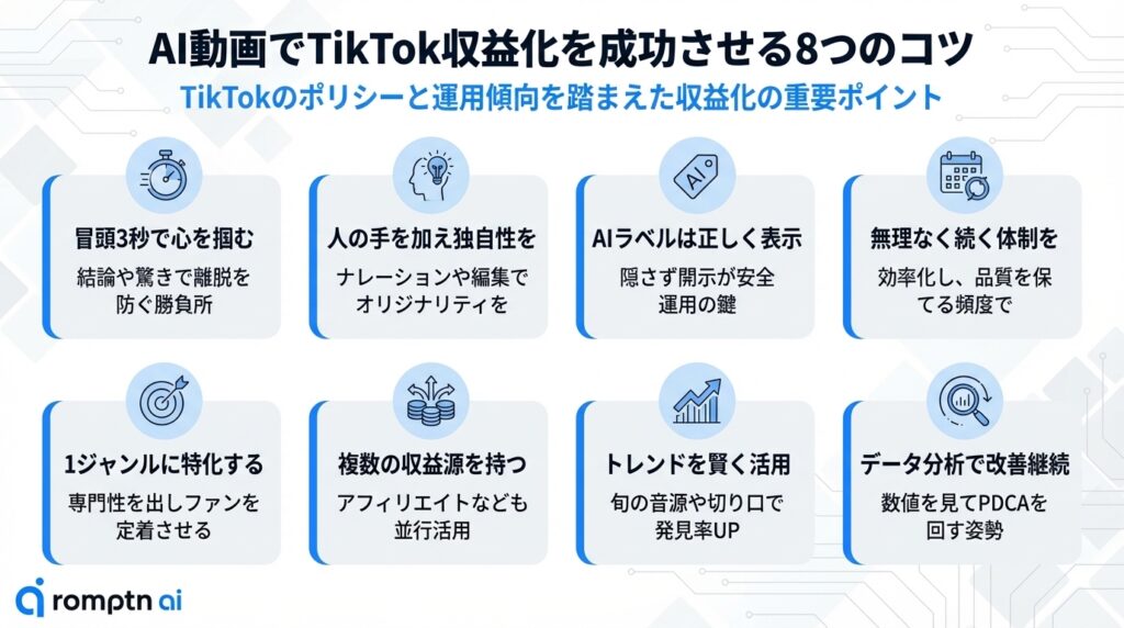 AI動画でTikTok収益化を成功させる8つのコツ。冒頭3秒での離脱防止、独自性の追加、AIラベル表示、1ジャンル特化、データ分析によるPDCAなど運用ポイントのまとめ。