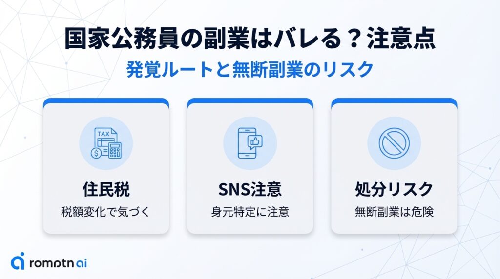 国家公務員の副業がバレる主なルートと無断副業のリスク。税額の変化で気づかれる『住民税』、身元特定に繋がる『SNS注意』、無断副業による『処分リスク（懲戒処分など）』の3つのポイント解説図解。