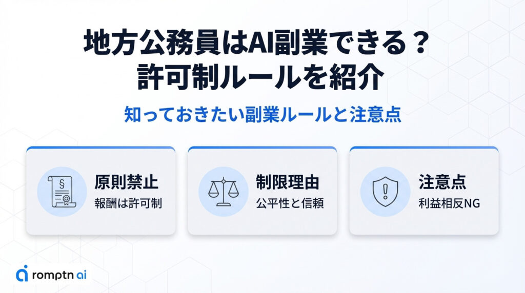 地方公務員のAI副業に関する基本ルールの解説。報酬を得る場合は原則として任命権者の許可が必要な「原則禁止（許可制）」、公務の公平性と信頼を守るための「制限理由」、利益相反を防ぐための「注意点」をまとめた図解。